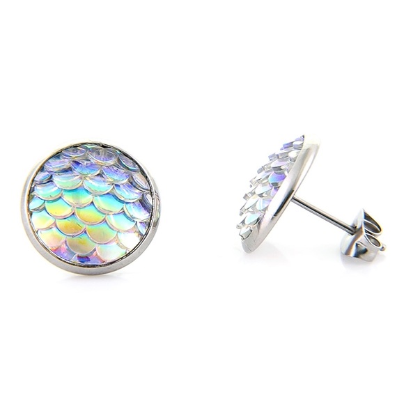LAST PAIR! Iridescent Mermaid Button Stud Earrings - Picture 3 of 8
